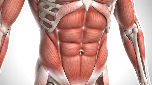Detailed anatomical illustration of a sculpted human abdomen with defined muscles and skeletal structure