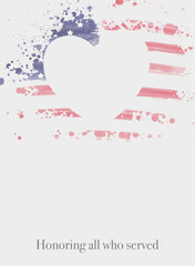 Artistic brushstroke representation of transparent American flag with stars and stripes in grunge heart shape with paint splash. Veterans Day concept. Honoring all who served.