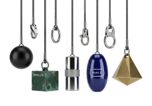 Meticulously arranged industrial components (sphere, cube, cylinder, ovoid, tetrahedron) suspended by charcoal nylon cords on white studio background, diffused lighting. Concept of industrial design