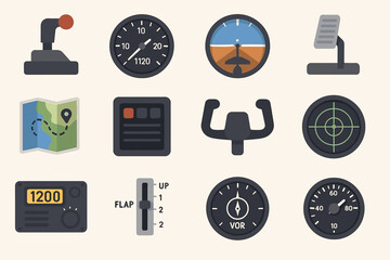 Aviation instruments collection: icons of flight control and navigation