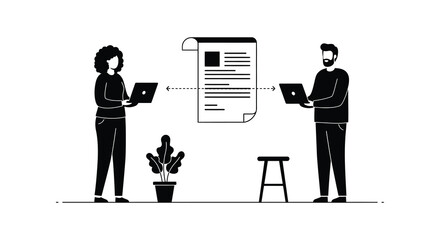 Remote collaboration woman and man working together using laptops and documents