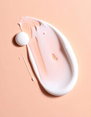 Creamy, pale-peach moisturizer smudged on a pale-peach background. Small white dot