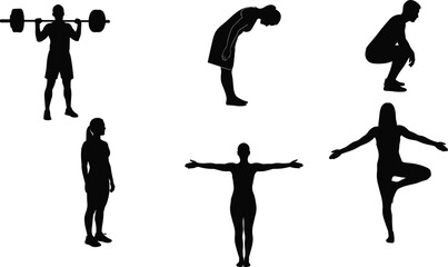 Fitness silhouettes, workout poses, yoga balance, stretching exercises, weightlifting, squatting