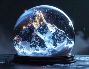 Snow globe, mountain peak, night scene, glowing lights