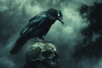 Fototapeta premium A shadowy raven perched on an old skull, eerie glowing eyes, dark misty background, gothic fantasy setting
