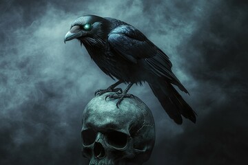Fototapeta premium A shadowy raven perched on an old skull, eerie glowing eyes, dark misty background, gothic fantasy setting