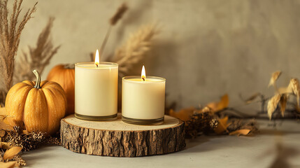 Autumn Home Decor Scene: White Candles on Wooden Holders with Pumpkins and Dried Grass for Cozy Holiday Table Arrangement