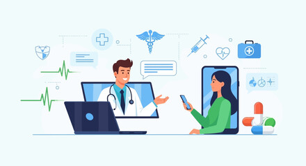 Telemedicine Consultation - Doctor and Patient Connecting Online for Healthcare.