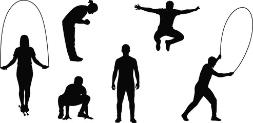 Fitness silhouettes, exercise poses, workout activities, jump rope, stretching, squatting, jumping, athletic training, healthy lifestyle, gym concept, physical activity, sports illustration