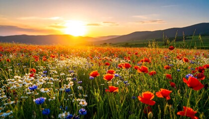Beautiful Sunset Over a Wildflower Meadow.