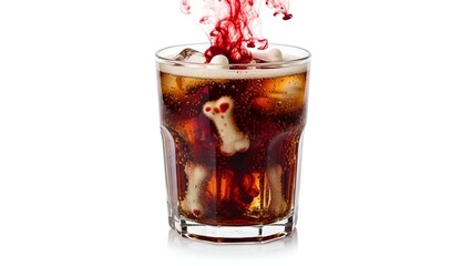 A spooky Halloween drink with a cola, ice, marshmallows, and a bloody red liquid poured in, creating a festive and chilling beverage experience