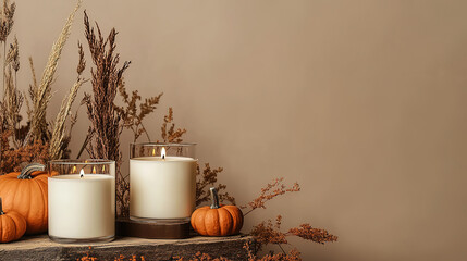 Autumn Home Decor Scene: White Candles with Dried Flowers and Pumpkins Cozy Arrangement for Holiday Design and Backgrounds