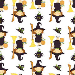 Pattern of a witch with a broom, a magic cauldron