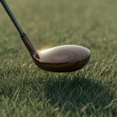 golf, Vintage fairway wood over dewy turf, polished grain catching warm light in a crisp, modern close‑up—creator‑ready for gear reviews, swing tips, thumbnails, and brand storytelling.
