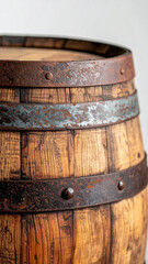 Fototapeta premium Wooden barrel. Aged wood and metal hoops. Artisanal craftsmanship and rustic appeal.