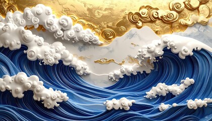 Obraz premium Golden clouds, crashing waves, a 3D mural