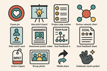 Business strategy icons: planning, networking, goals, awareness, impact