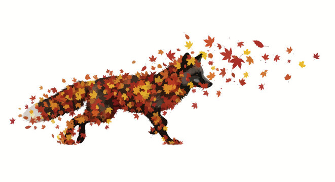 Whimsical depiction of a fox silhouette adorned with colorful autumn leaves blowing in the breeze