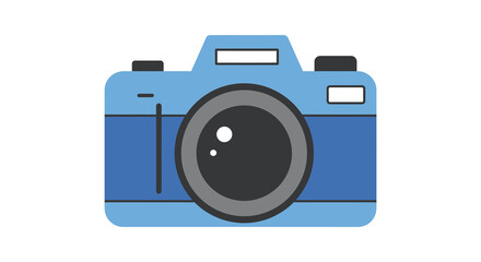 A simple blue cartoon illustration of a classic digital camera