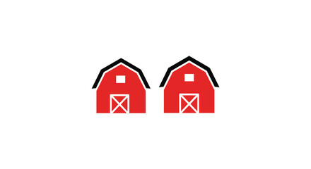 Simple illustration featuring two red barns with black outlines and windows