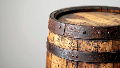 Fototapeta premium Wooden barrel. Aged wood and metal hoops. Artisanal craftsmanship and rustic appeal.
