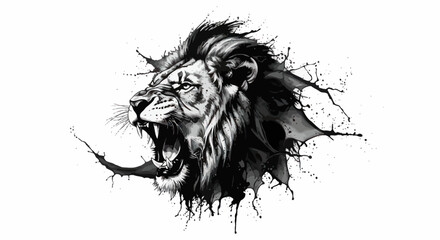 A striking lion portrait rendered in black ink with expressive splashes of fluid dynamism