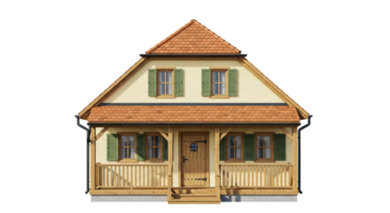 Quaint single-story cottage with terracotta roof, pale yellow stucco, and green shutters, on a transparent infinity background with copy space, concept of traditional village living