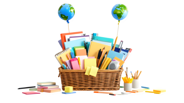 Back to School Supplies in Wicker Basket, isolated on transparent background