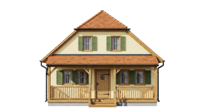 Quaint single-story cottage with terracotta roof, pale yellow stucco, and green shutters, on a transparent infinity background with copy space, concept of traditional village living