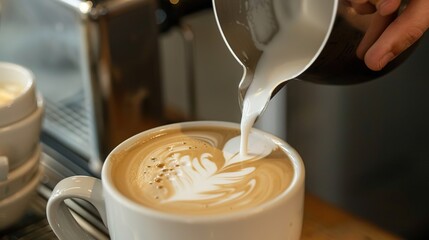 Close-Up Details of a Ceramic Milk Pitcher Pouring Steamed Milk Into Italian-Style Coffee to Prep for Latte Art&mdash;Showing Milk Flow, Pitcher Angle, and Coffee Blending for Smooth, Artistic Coffee Making