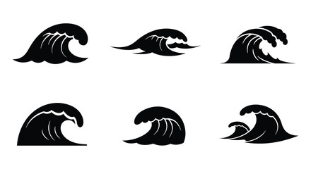 Stylized black and white depictions of ocean waves in various forms