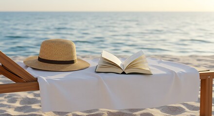 Serene Beachscape: Straw Hat, Open Book, and Tranquil Ocean View