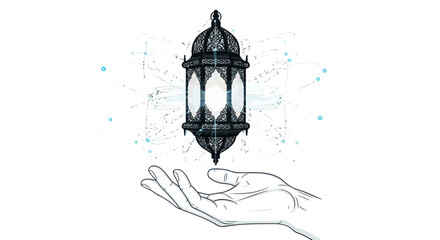 Artistic presentation of a lantern hovering above an outstretched hand sketch with digital elements