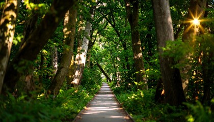 Sunlit path through lush forest