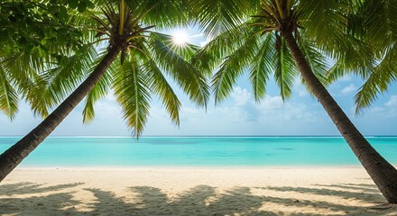 Tropical Palm Trees Over Turquoise Ocean on White Sand Beach