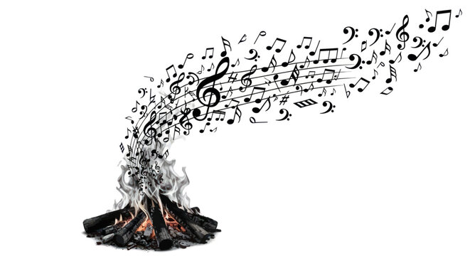 Campfire sonata, musical notes rising from burning logs to form harmonious melody