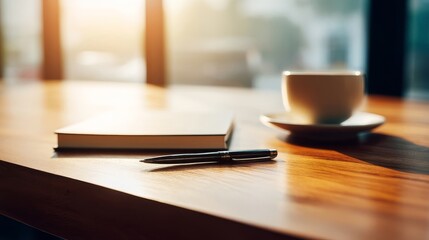 A serene workspace with natural lighting features a closed notebook beside a cup on a wooden table,