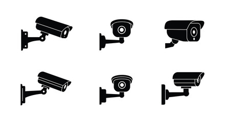 A collection of black security camera icons in various styles shown