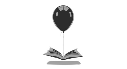 Floating thoughts monochrome illustration of a balloon lifting an open book gently skyward