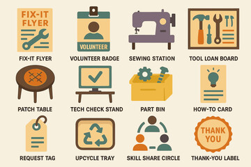 Community workshop icons: tools, volunteer, sewing, recycling, skill sharing, thank you