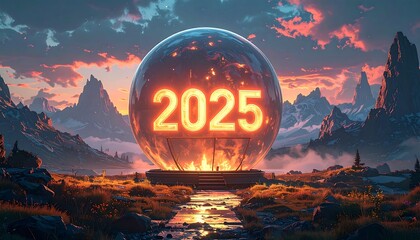 A futuristic, orange-lit globe hovering above a stream in a mountainous landscape, displaying the year 2025. Hues of orange and blue