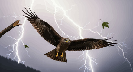 Majestic eagle soaring through a stormy sky illuminated by dramatic lightning strikes