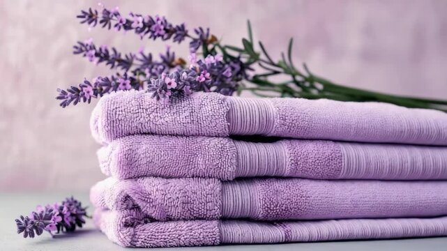 Four lavender towels stacked neatly with sprigs