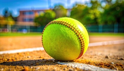 A bright yellow softball sits on the edge of a dirt field, sunlit, with vivid green trees and buildings blurred in the background