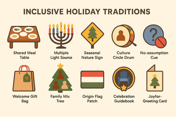 Inclusive holiday traditions icons with multicultural and diverse symbols