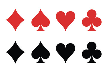Classic Casino Card Symbols,  Red and Black Vector Set Featuring Hearts, Diamonds, Clubs, and Spades &ndash; Ideal for Game Interfaces, Digital Card Designs, Vector Art, and Casino Graphics