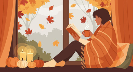 Cozy Autumn Reading - Woman Wrapped in Blanket with Book and Hot Drink.