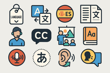 Fototapeta premium Language and communication icons: translation, audio, and cultural symbols