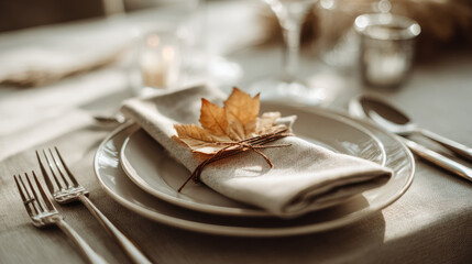 A cozy thanksgiving table setting with a leaf and napkin, ready for a warm holiday dinner.