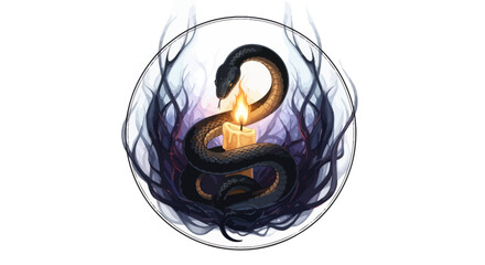 Serpentine guardian encircling a flickering candle flame in a stylized artistic rendering